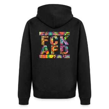 Gegen Nazis - FCK AFD - Gegen Rechts - Bunt - Unisex Premium Bio Zip Hoodie - Schwarz - Hinten - Nico (187cm)
