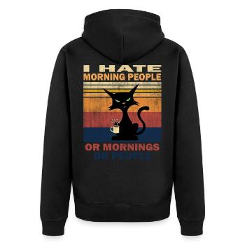 I hate Morning People Cat Katze mit Kaffee Morgen - Unisex Premium Bio Zip Hoodie - Schwarz - Hinten - Nico (187cm)