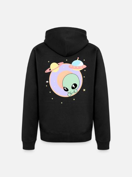 Chibi Alien Kawaii Pastel Mignon Green Man Space OVNI - Veste à capuche bio Premium Unisexe - noir