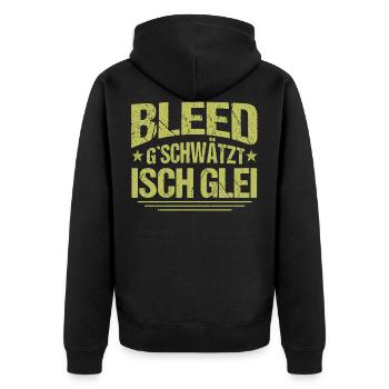 Bleed gschwätzt isch glei Alemannischer Spruch - Unisex Premium Bio Zip Hoodie - Schwarz - Hinten - Nico (187cm)