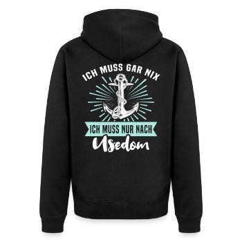 Usedom Souvenir Ostsee Sprüche - Unisex Premium Bio Zip Hoodie - Schwarz - Hinten - Nico (187cm)