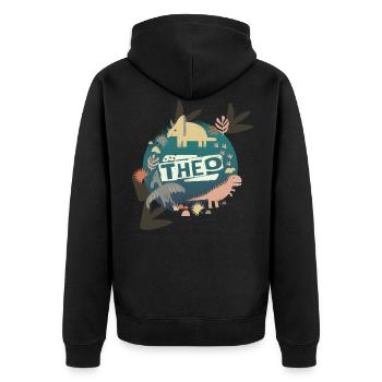 Theo - Schöner Jungen Name mit coolen Dinos - Unisex Premium Bio Zip Hoodie - Schwarz - Hinten - Nico (187cm)
