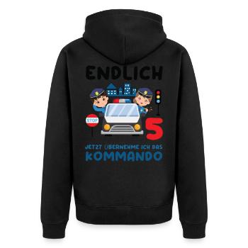 Kinder 5. Geburtstag Endlich 5, Polizei - Unisex Premium Bio Zip Hoodie - Schwarz - Hinten - Nico (187cm)