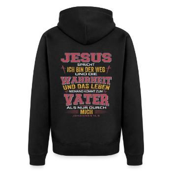 Jesus Christus Bibelvers Ich bin der Weg - Unisex Premium Bio Zip Hoodie - Schwarz - Hinten - Nico (187cm)