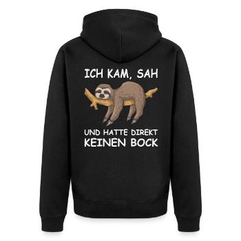 Faultier Spruch ICH KAM, SAH UND HATTE KEINEN BOCK - Unisex Premium Bio Zip Hoodie - Schwarz - Hinten - Nico (187cm)