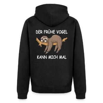 Faultier Spruchshirt DER FRÜHE VOGEL KANN MICH MAL - Unisex Premium Bio Zip Hoodie - Schwarz - Hinten - Nico (187cm)