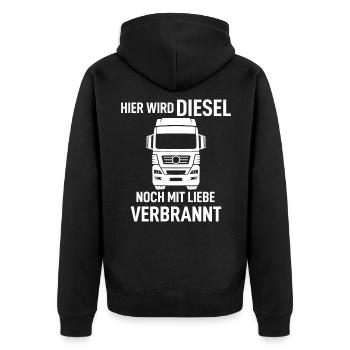 LKW - Hier wird Diesel noch mit Liebe verbrannt - Unisex Premium Bio Zip Hoodie - Schwarz - Hinten - Nico (187cm)