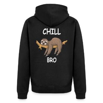 Faultier Sprüche - CHILL BRO - Unisex Premium Bio Zip Hoodie - Schwarz - Hinten - Nico (187cm)