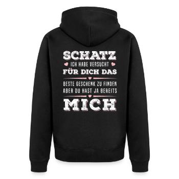 Geschenk zu finden aber du hast ja bereits mich - Unisex Premium Bio Zip Hoodie - Schwarz - Hinten - Nico (187cm)