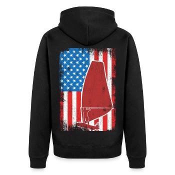 USA Patriotischer Windsurfer - Unisex Premium Bio Zip Hoodie - Schwarz - Hinten - Nico (187cm)