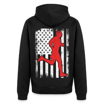 Patriotischer US Läufer - Unisex Premium Bio Zip Hoodie - Schwarz - Hinten - Nico (187cm)