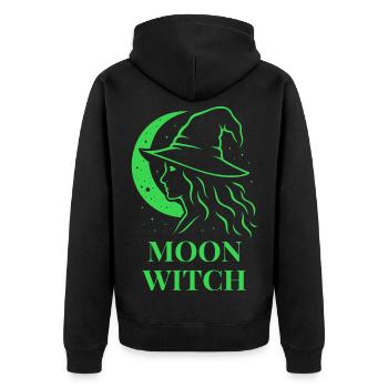 Halloween Moon Witch Silhouette Crescent Moon in Green - Unisex Premium Organic Zip Hoodie - black - Back - Nico (187cm)