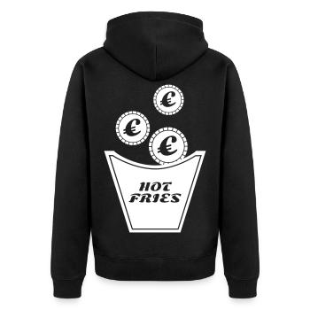 T-Shirt Design Pommesschachtel mit Euromünzen - Unisex Premium Bio Zip Hoodie - Schwarz - Hinten - Nico (187cm)