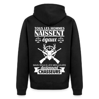 Alle Menschen werden als Jäger gleich geboren. Jagen - Unisex Premium Bio Zip Hoodie - Schwarz - Hinten - Nico (187cm)