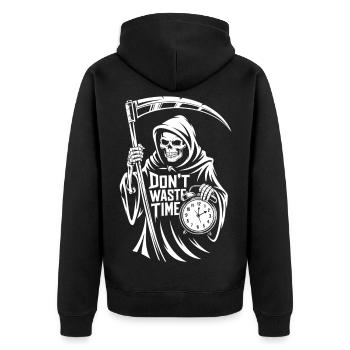 Sensenmann Uhr – Don't Waste Time Motiv - Unisex Premium Bio Zip Hoodie - Schwarz - Hinten - Nico (187cm)