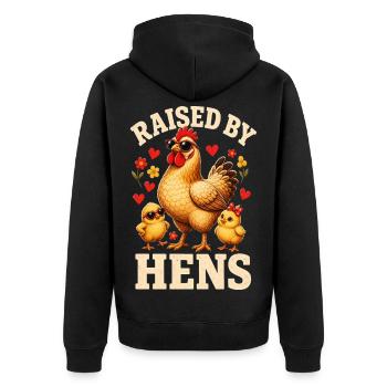RAISED BY HENS - Unisex Premium Organic Zip Hoodie - black - Back - Nico (187cm)