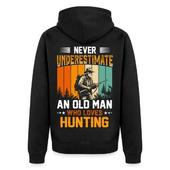 Never Underestimate an Old Man Who Hunts - Unisex Premium Bio Zip Hoodie - Schwarz - Hinten - Nico (187cm)