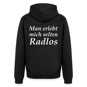 Man erlebt mich selten Radlos - Unisex Premium Bio Zip Hoodie - Schwarz - Hinten - Nico (187cm)