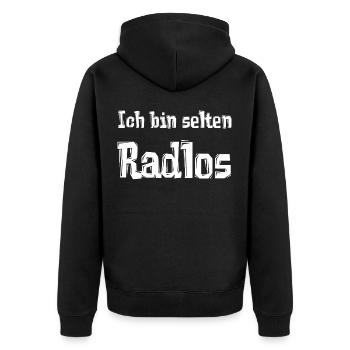 Ich bin selten Radlos - Unisex Premium Bio Zip Hoodie - Schwarz - Hinten - Nico (187cm)