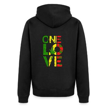 REGGAE, ONE LOVE, MARLEY, JAMAIKA, RASTAFARI - Unisex Premium Bio Zip Hoodie - Schwarz - Hinten - Nico (187cm)