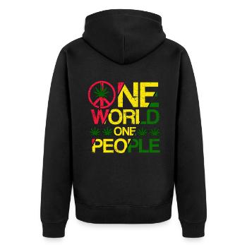 REGGAE, MARLEY, RASTA, RASTAFARI, ONE WORLD - Unisex Premium Bio Zip Hoodie - Schwarz - Hinten - Nico (187cm)