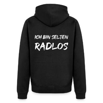 Ich bin selten Radlos - Unisex Premium Bio Zip Hoodie - Schwarz - Hinten - Nico (187cm)