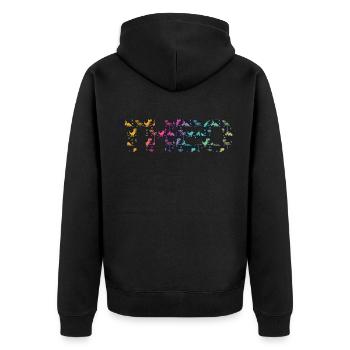 Theo - Schöner Jungen Name mit coolen Dinos - Unisex Premium Bio Zip Hoodie - Schwarz - Hinten - Nico (187cm)