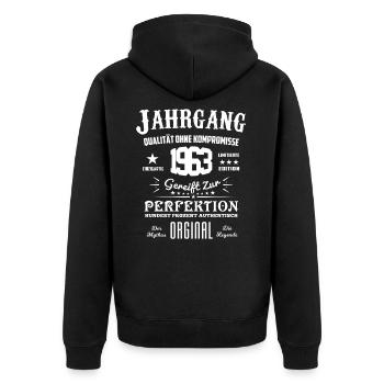 Original Jahrgang 1963 - Unisex Premium Bio Zip Hoodie - Schwarz - Hinten - Nico (187cm)