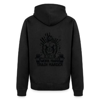 Work Hard / Train Harder - Unisex Premium Organic Zip Hoodie - black - Back - Nico (187cm)