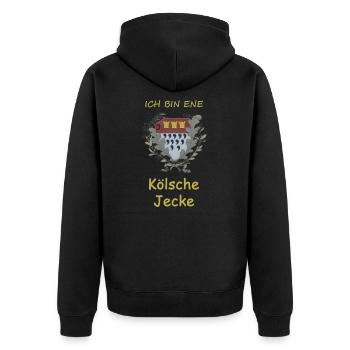 "ICH BIN ENE KÖLSCHE JECKE" 1 - Unisex Premium Bio Zip Hoodie - Schwarz - Hinten - Nico (187cm)