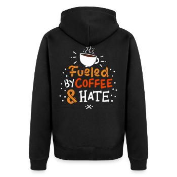 Kaffee "fueled by coffee and hate" Geschenk Motiv - Unisex Premium Bio Zip Hoodie - Schwarz - Hinten - Nico (187cm)