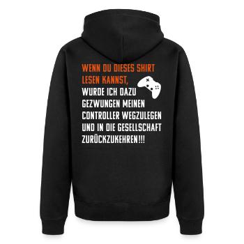 Zocker Fun Spruch: Gezwungen Controller wegzulegen - Unisex Premium Bio Zip Hoodie - Schwarz - Hinten - Nico (187cm)