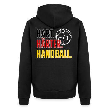 Hart Härter Handball. Handballer Witziges Geschenk - Unisex Premium Bio Zip Hoodie - Schwarz - Hinten - Nico (187cm)