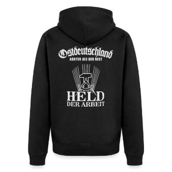 DDR Ostdeutschland Held der Arbeit - Unisex Premium Bio Zip Hoodie - Schwarz - Hinten - Nico (187cm)