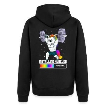 Installing Muscles Unicorn doing Weightlifting - Unisex Premium Organic Zip Hoodie - black - Back - Nico (187cm)