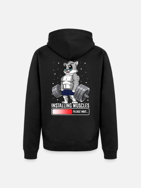 Cat Installing Muscles Weightlifting - Unisex Premium Organic Zip Hoodie - black