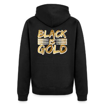 Schwarz ist Gold - Unisex Premium Bio Zip Hoodie - Schwarz - Hinten - Nico (187cm)
