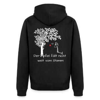 Apfel fällt nicht weit vom Stamm Spruch Witzig - Unisex Premium Bio Zip Hoodie - Schwarz - Hinten - Nico (187cm)