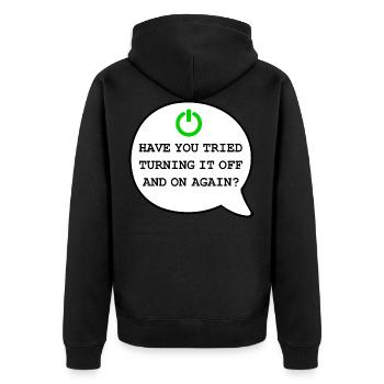 Computer Support Tried turning it off and on again - Unisex Premium Bio Zip Hoodie - Schwarz - Hinten - Nico (187cm)