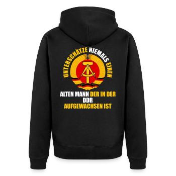 Unterschätz Niemals Alten Mann DDR Ostdeutschland - Unisex Premium Bio Zip Hoodie - Schwarz - Hinten - Nico (187cm)
