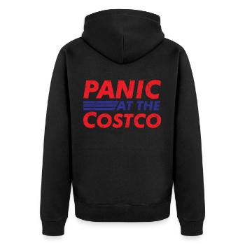 Panik bei der Costco Vintage Distressed - Unisex Premium Bio Zip Hoodie - Schwarz - Hinten - Nico (187cm)