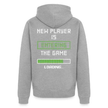 Une nouvelle joueuse entre dans le jeu Gamer Pregnancy An - Veste à capuche bio Premium Unisexe - gris chiné - Dos - Nico (187cm)