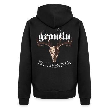 Grantln is a Lifestyle Grantler Hirsch Bayern - Unisex Premium Organic Zip Hoodie - black - Back - Nico (187cm)