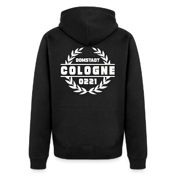 Domstadt Cologne Köln am Rhein 0221 CCAA Kölle - Unisex Premium Bio Zip Hoodie - Schwarz - Hinten - Nico (187cm)