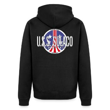 USS Sulaco Crew Shirt with Colonial Marines Logo - Unisex Premium Bio Zip Hoodie - Schwarz - Hinten - Nico (187cm)