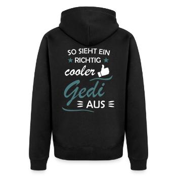 Gedi Firmged Taufged Geschenkidee - Unisex Premium Bio Zip Hoodie - Schwarz - Hinten - Nico (187cm)