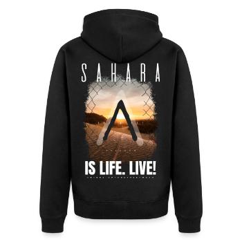 SAHARA Adventure Freedom is life. Live! by ART8NS - Unisex Premium Bio Zip Hoodie - Schwarz - Hinten - Nico (187cm)
