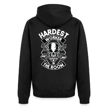 Hardest Worker In The Room - Unisex Premium Bio Zip Hoodie - Schwarz - Hinten - Nico (187cm)