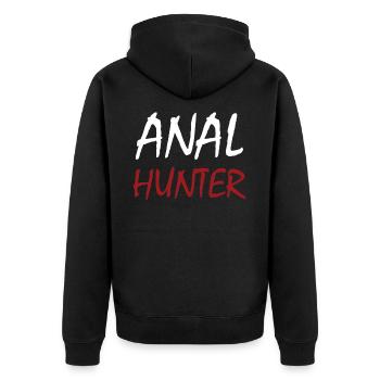 Anal Hunter Analsex versaut ü18 Spruch Notgeil - Unisex Premium Bio Zip Hoodie - Schwarz - Hinten - Nico (187cm)
