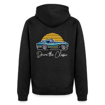 Oldtimer-Design, 80er Jahre Nostalgie - Unisex Premium Bio Zip Hoodie - Schwarz - Hinten - Nico (187cm)